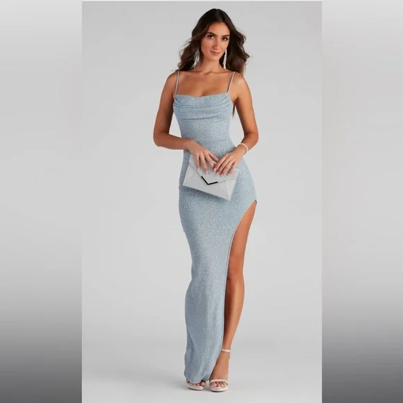 open lace back dress A Line V Neck Light Blue Prom Dress with High Leg Slit, Light Blue Sli –  morievent